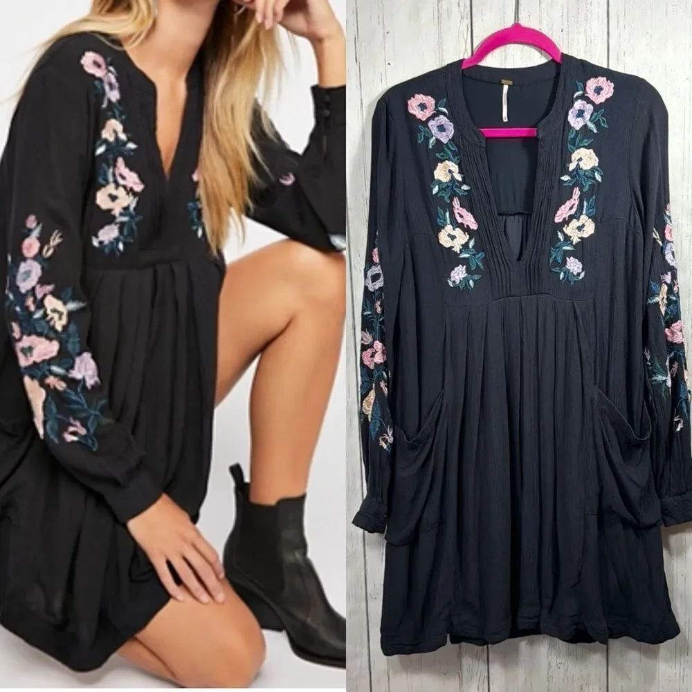 Free People Black Embroidered Western Boho Peasant Mini Dress Oversized XS